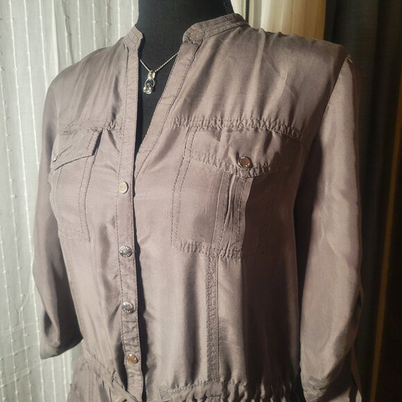 Michael Kors Silk Shirt Dress Taupe - 3/4 Button Tab Sleeves Cinch Waist - Sz M - Picture 2 of 11